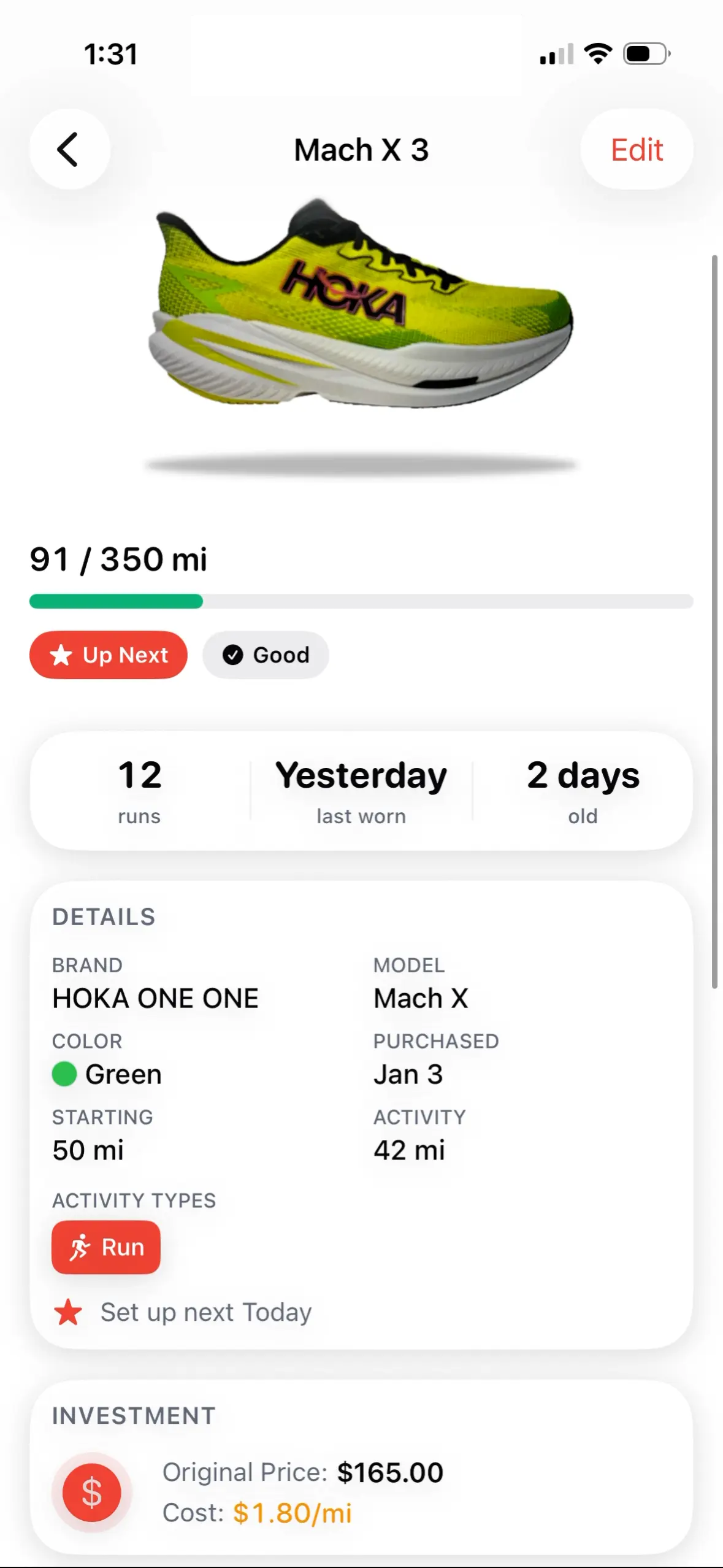 Shoey shoe detail with mileage progress